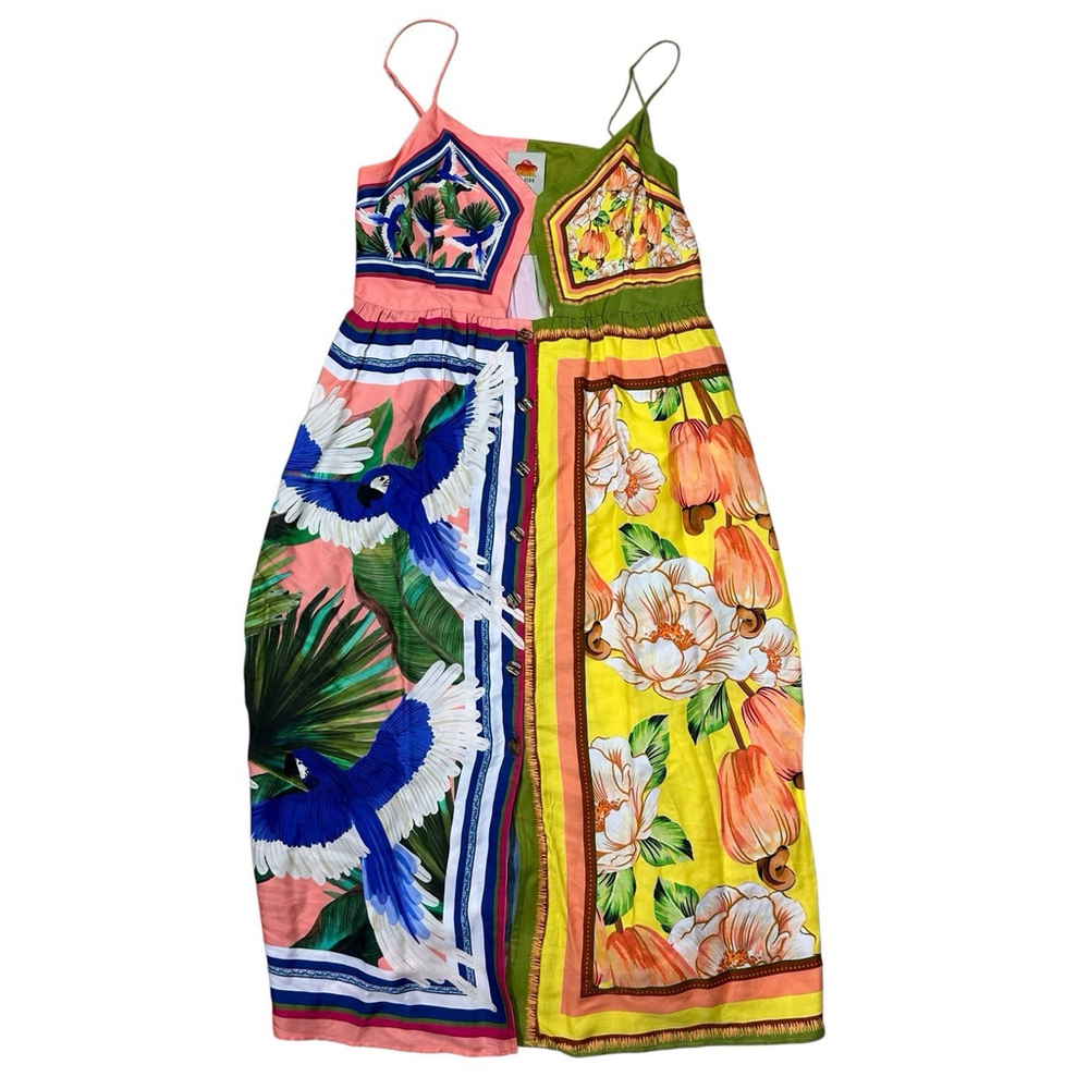 Farm Rio Double Scarf Pastel Midi Dress Cut Out Womens Large Tropical Buttons - Picture 10 of 14